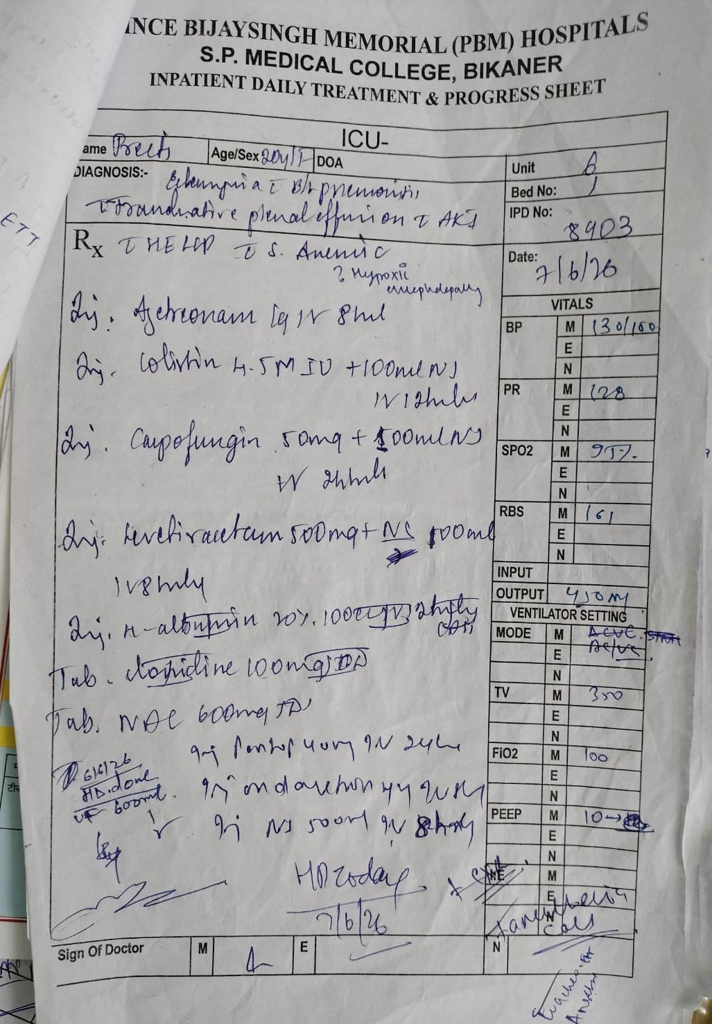 बीकानेर के PBM हॉस्पिटल में भर्ती 20 साल की प्रीति की यह ट्रीटमेंट शीट है। सिजेरियन डिलीवरी के बाद उसे वेंटिलेटर पर रखा गया है।