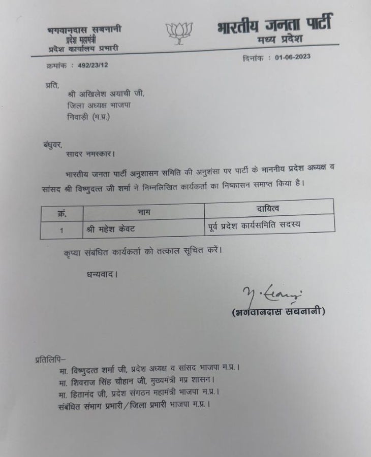 1 जून 2023 को महेश केवट की सदस्यता बहाल कर दी गई.