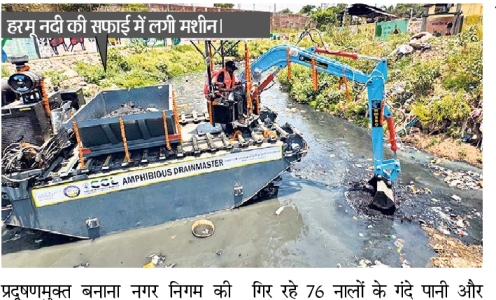 हरमू नदी की सफाई में लगी मशीन। - Dainik Bhaskar