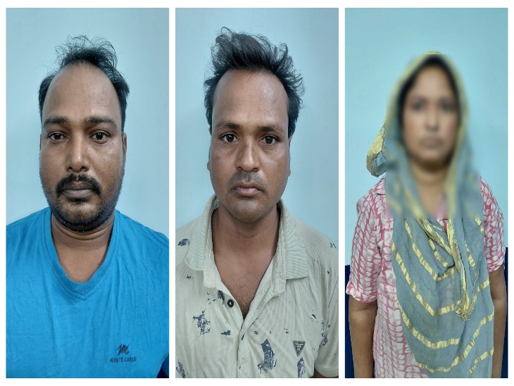 गिरफ्तार आरोपी नेहरू चौहान और मीर रविउल, महिला दलाल गुंजन चौहान।