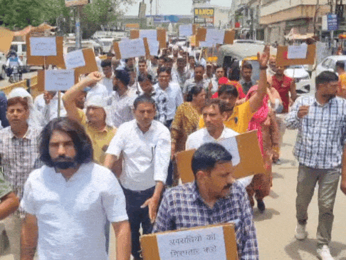 रैली निकालते बिजली विभाग के कर्मचारी।