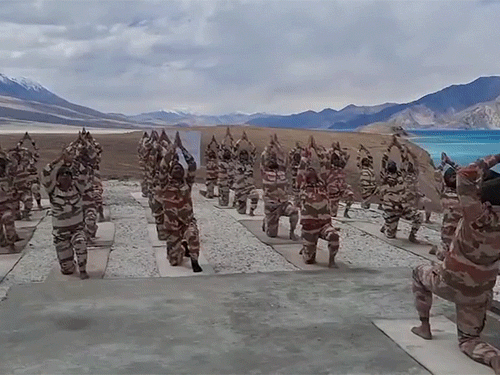 14091 फीट की ऊंचाई पर लद्दाख की पैंगोंग झील के पास ITBP जवानों ने योग किया।