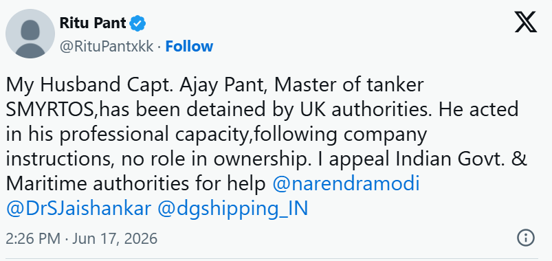 मर्चेंट नेवी कैप्टन अजय पंत की पत्नी ने X पर पीएम मोदी से मदद मांगी।