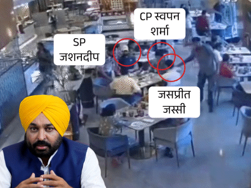 शिकायतकर्ता जस्सी का दावा है कि होटल में उसकी मुलाकात एसपी जशनदीप गिल और लुधियाना के पुलिस कमिश्नर स्वपन शर्मा के साथ हुई। यह उसी मुलाकात का सीसीटीवी है। इसमें वह ब्रेकफास्ट कर रहे हैं। - Dainik Bhaskar