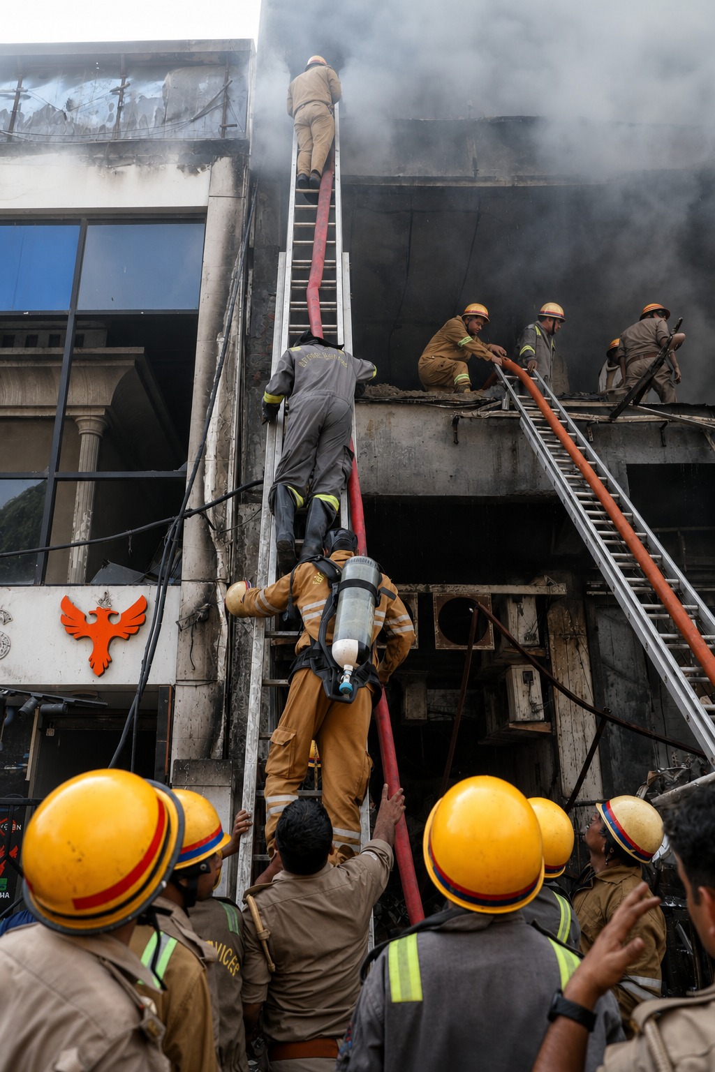 सीढ़ी की मदद से अग्निशमन कर्मी बिल्डिंग की छत पर गए। छत की सीढ़ियों के गेट पर ताला लगा था। इससे वे लोग अंदर नहीं जा पाए।