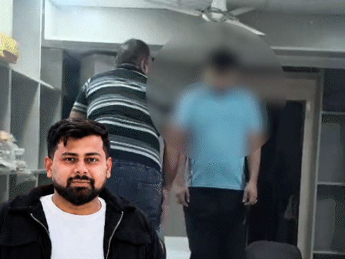 कारोबारी के सुसाइड के बाद दुकान पहुंचे परिजन शव को उतारते हुए। मरने से पहले उसने एक वीडियो भी बनाई थी। इनसेट में राहुल का फाइल फोटो। - Dainik Bhaskar