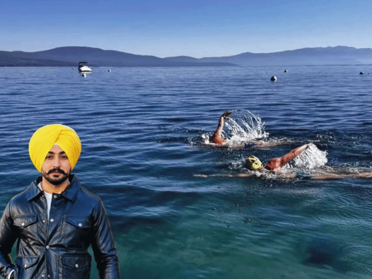 अमेरिका के फ्रेस्नो शहर की टाहो लेक में डूबने से युवक की मौत हुई। इनसेट में अर्शदीप की फाइल फोटो। - Dainik Bhaskar