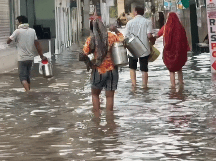 नवलगढ़ रोड इलाके में भारी बारिश के बाद सड़कों पर पानी भर गया। सुबह के समय आमजन और दूध वालों को भी इस गहरे जलभराव के बीच से होकर गुजरना पड़ा,