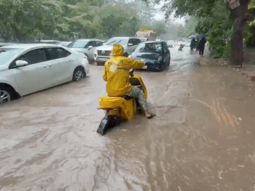 गुरुग्राम में बारिश के दौरान जलभराव में फंसा ग्रॉसरी डिलीवरी पार्टनर।