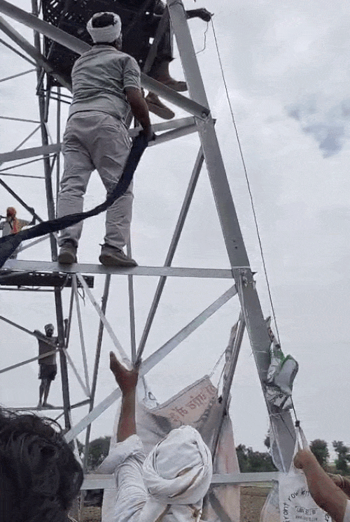 बिजली टावर पर चारपाई डालकर बैठे किसान को दवाई और अन्य सामग्री पहुंचाते दूसरे किसान।