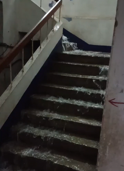 मोकामा रेफरल अस्पताल में शनिवार को बारिश का पानी सीढ़ियों से होते हुए वार्ड तक पहुंच गया। इलाज के लिए पहुंचे लोग खड़े होने के लिए जगह तलाशते रहे।