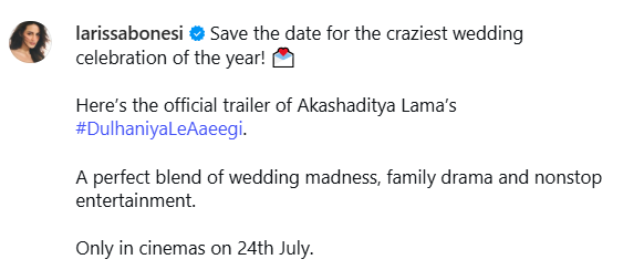 लारिसा बोन्सी 'गो गोवा गॉन', 'थिक्का' (तेलुगु) और 'नेक्स्ट एंटि?' जैसी फिल्मों में नजर आ चुकी हैं। लारिसा बोन्सी की इंस्टाग्राम पोस्ट.