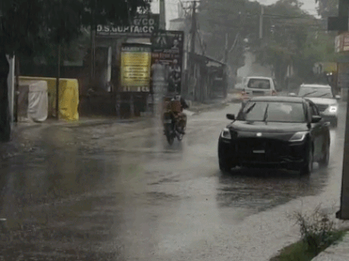पठानकोट में बारिश के बीच जाती हुईं गाड़ियां।