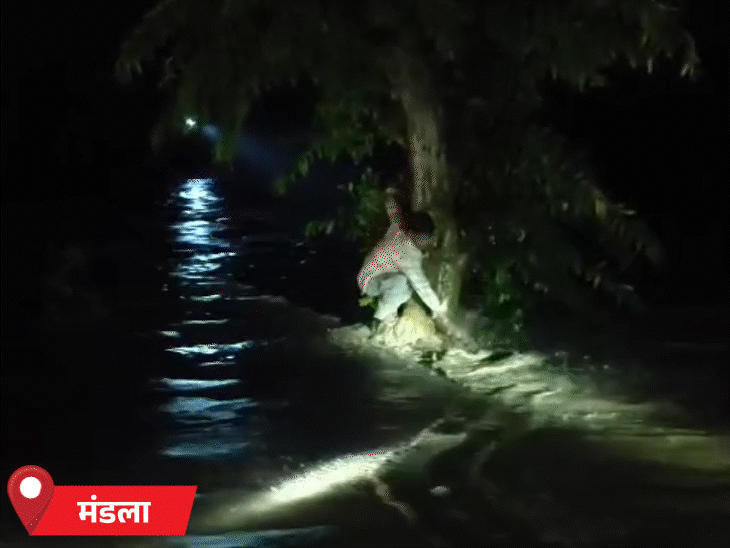 बाइक सवार दो युवक तेज बहाव में बह गए। एक ने पेड़ पकड़कर जान बचाई।