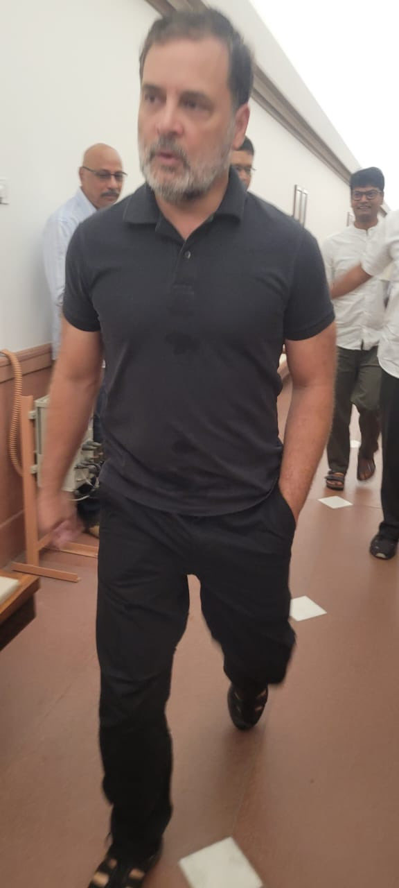 आमतौर पर सफेद टी-शर्ट में नजर आने वाले राहुल काले रंग की टी-शर्ट, पैंट और चप्पल पहनकर संसद पहुंचे।