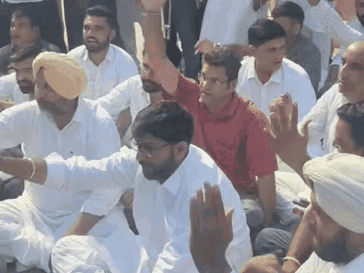 सिरसा के ताऊ देवीलाल पार्क में जंतर मंतर बैनर के तले धरने पर बैठे शहरवासी और दिग्विजय चौटाला।