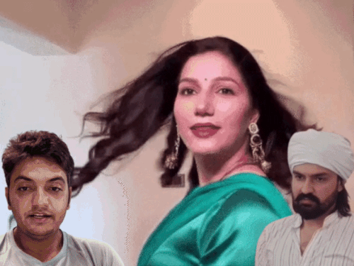 रोहतक में सपना चौधरी को लेकर अपनी बात कहते हुए वीर साहू। इनसेट में वीर साहू (दाएं) और धर्मेंद्र हुड्डा (बाएं) । - Dainik Bhaskar