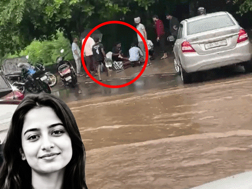 करंट लगने के बाद छात्रा (लाल घेरे में) जमीन पर गिर पड़ी। इसके बाद दूसरे स्टूडेंट्स ने उसे बचाने की कोशिश की। इनसेट में छात्रा ज्योति का फाइल फोटो। - Dainik Bhaskar