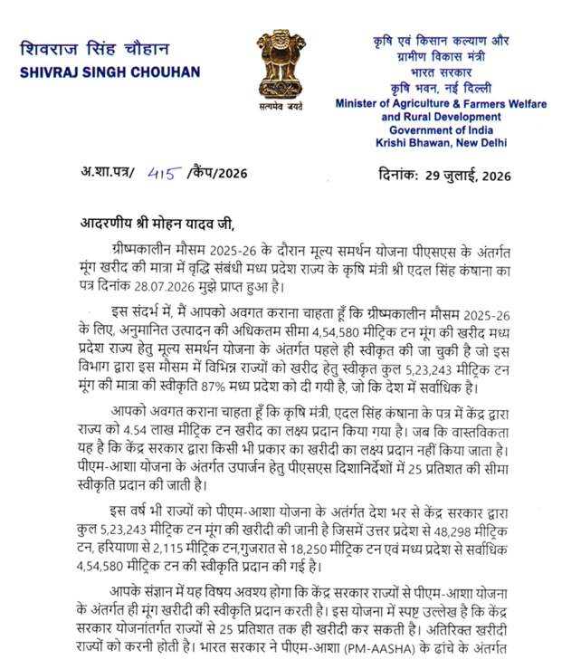 29 जुलाई को केंद्रीय कृषि मंत्री की ओर से मप्र सरकार को स्पष्टीकरण जारी किया गया था