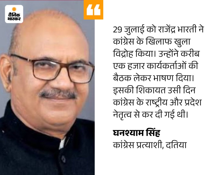 दतिया कांग्रेस प्रत्याशी बोले- भारती ने BJP से पैसे लिए: चुनाव हराने भीतरघात किया; राजेंद्र ने घनश्याम को 'कायर-डरपोक' बताया, बोले- नरोत्तम से फंडिंग ली - datia News quote image 7 1785517027