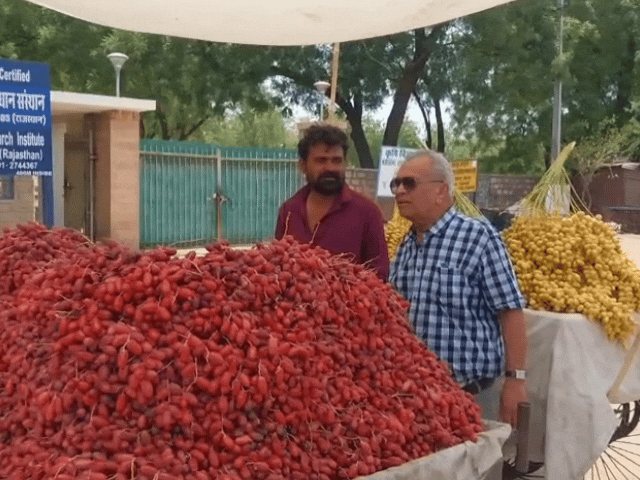 शहर में काजरी के पास लगी रेहड़ी खजूर खरीदते शहरवासी।
