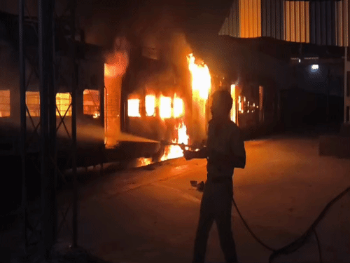 The engine and one bogie were gutted. The fire brigade team brought the fire under control in 2 hours