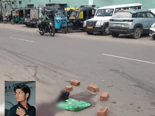 झज्जर चौक के पास घटनास्थल और मृतक छात्र का किशन का फाइल फोटो। - Dainik Bhaskar