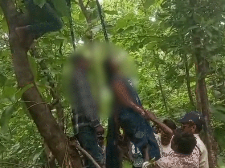 Police bringing down the bodies of the brother-in-law and sister-in-law from the trees.
