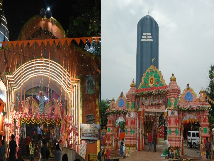 पहाड़ी मंदिर के गेट पर की गई भव्य सजावट। और सुरेश्वर धाम में सजा बाबा का दरबार। - Dainik Bhaskar