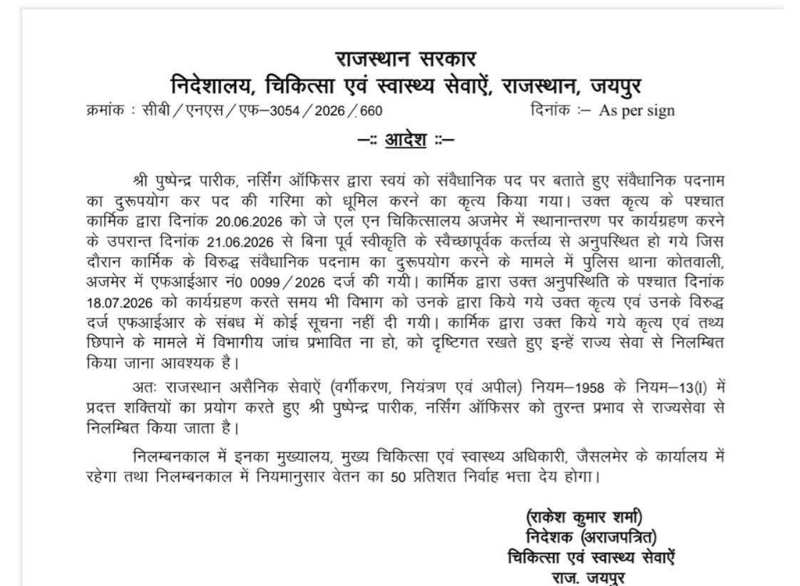 विभाग ने आदेश जारी किया है।