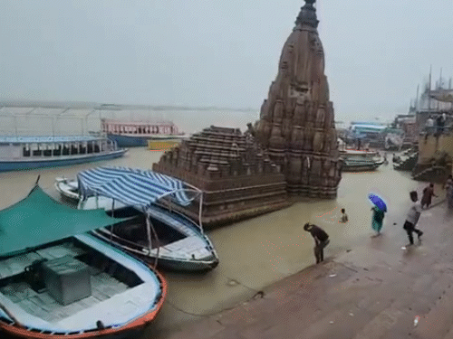 Ratneshwar Mahadev Temple in Varanasi submerged more than halfway due to rising water level of the Ganges.
