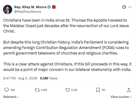 अमेरिकी सांसद रिले मूर ने चेतावनी दी है कि अगर यह बिल पास हो गया तो ये भारत-अमेरिका के द्विपक्षीय रिश्तों के लिए चिंता का विषय होगा।