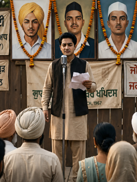 मंच पर कविता पाठ करता हुआ नौजवान। AI इमेज