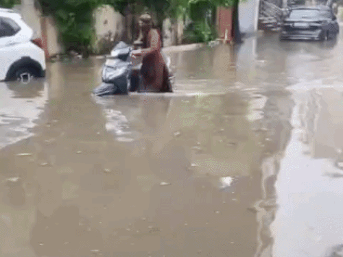 रोहतक के मॉडल टाउन में भरे पानी से गुजरती स्कूटी सवार महिला। - Dainik Bhaskar