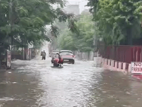 डबल पार्क के बाहर गली में भरा पानी।