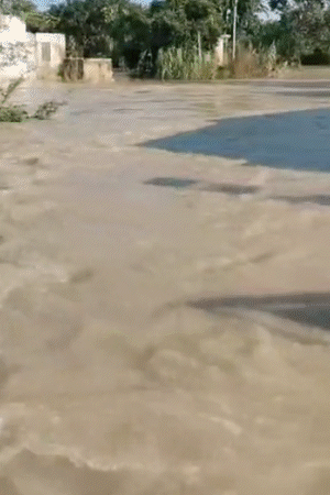 Water from the Ganges River is flowing over the highway in Bijnor. Police barricades have also been submerged in several places.