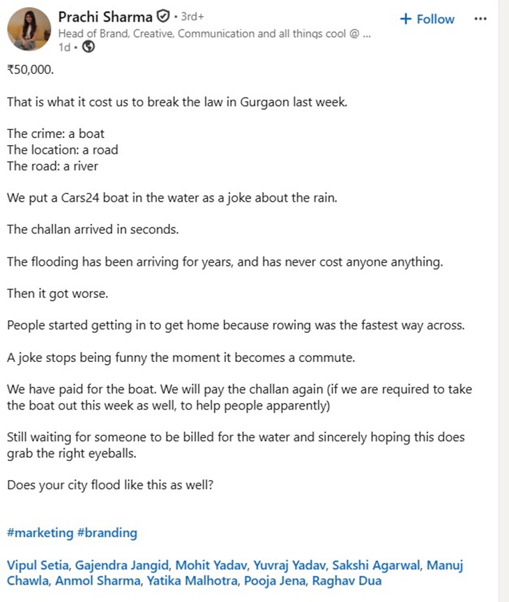 LinkedIn post of Prachi Sharma, Head of Brand and Communication of the company.