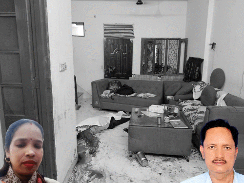 जालंधर के अवतार नगर की में डबल मर्डर के बाद घर में पड़ी लाश। शव ले जाती पुलिस। वहीं, हमले में इस्तेमाल बैट को भी रिकवर किया। इनसेट में आरोपी हीरा लाल (बाएं) और मृतक पिता अयोध्या (दाएं), पत्नी की फाइल फोटो। - Dainik Bhaskar