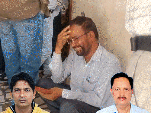 जालंधर के अवतार नगर की में डबल मर्डर के बाद परिजन रोते हुए। घर में मौजूद पुलिस जांच करती हुई। इनसेट में आरोपी हीरा लाल (बाएं) और मृतक पिता अयोध्या (दाएं) की फाइल फोटो। - Dainik Bhaskar