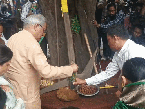 पूर्व सीएम भूपेश बघेल ने कृषि औजारों की पूजा की।