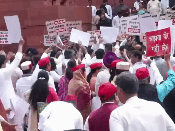 संसद परिसर में गुरुवार को विरोध प्रदर्शन के दौरान सत्ता पक्ष और विपक्ष के सांसद आमने-सामने आ गए।