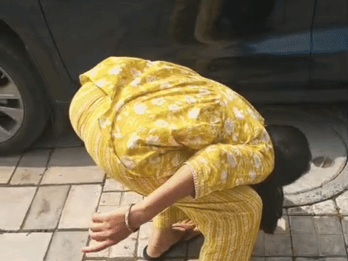 Woman taking out the dog from under the car.