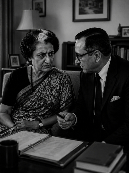 1970 के दशक की तस्वीर। प्रधानमंत्री इंदिरा गांधी के साथ RAW चीफ आरएन काव। AI इमेज