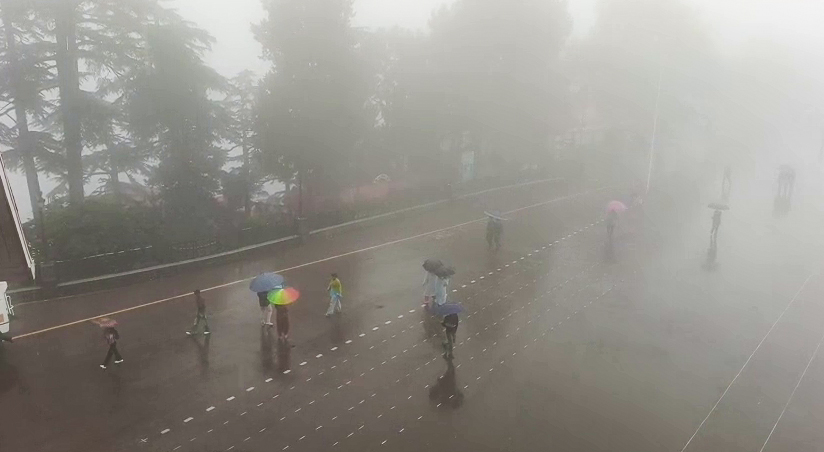 हिमाचल प्रदेश के शिमला में भारी बारिश के कारण 'क्वीन ऑफ द हिल्स' कही जाने वाली सिटी कोहरे में लिपटी हुई नजर आई।