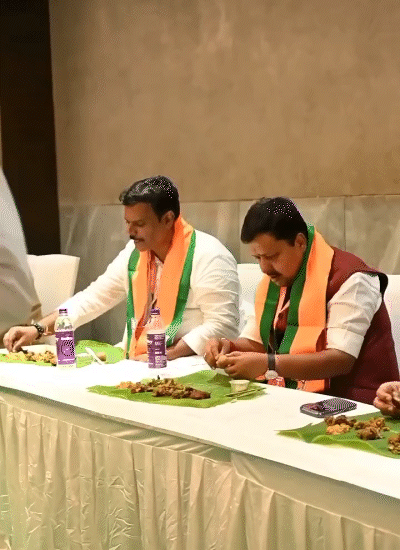 आंध्र प्रदेश में RSS की बैठक में शामिल होने के बाद नितिन नवीन ने बीजेपी नेताओं और कार्यकर्ताओं के साथ खाना खाया।