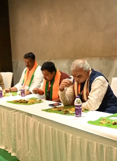 वीडियो में नितिन नवीन खाना खाते दिख रहे हैं। वहीं कांग्रेस का आरोप है कि वे नॉनवेज खा रहे हैं।