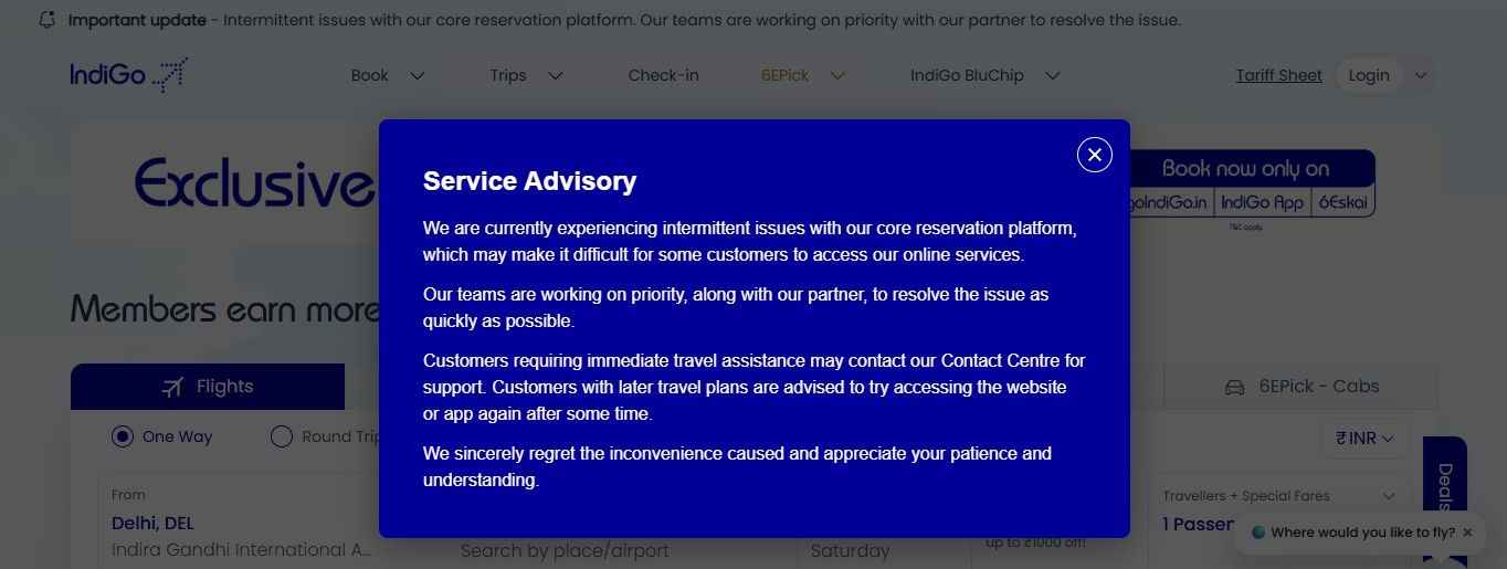 Service advisory message coming as soon as you open Indigo's website.