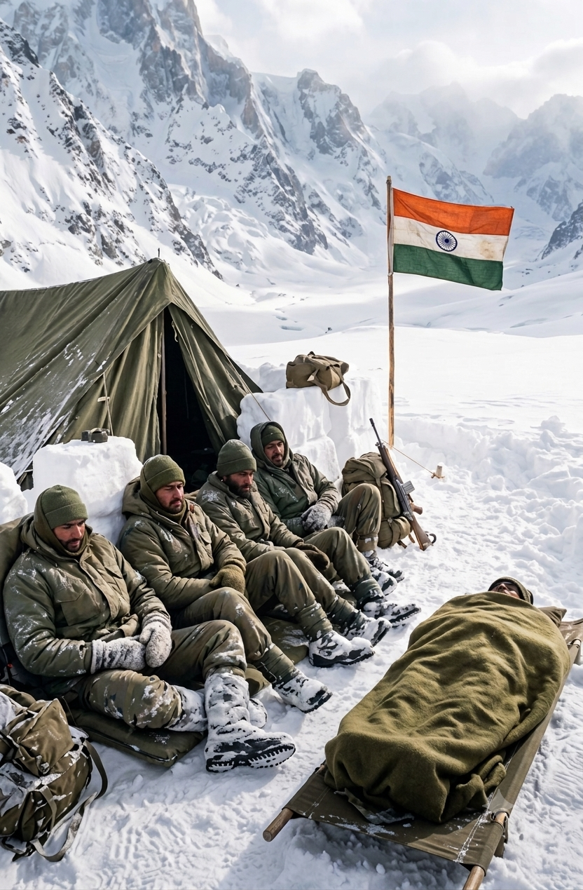 सियाचिन पर कब्जा करने के बाद भारतीय सैनिक और शहीद जवान का शव। AI इमेज
