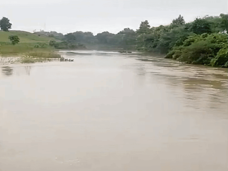 A dumper was washed away in the Shahpura river in Panna district of Madhya Pradesh. The driver saved his life by swimming.