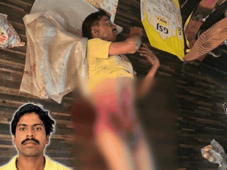 पति की हत्या करने के बाद पत्नी छत से कूद गई थी। महिला का अस्पताल में इलाज चल रहा है। इनसेट में मृतक की फाइल फोटो। - Dainik Bhaskar